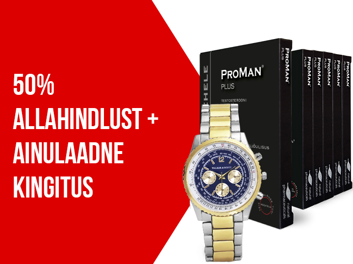 Natural Pharmaceuticals ProMan® Plus ProMan® Plus toidulisandite komplekt mustas pakendis, mis toetab meeste organismi loomulikke funktsioone. Esimesel plaanil on hõbedane Walker & Scott meeste käekell kingituseks. Vasakul punasel taustal valge tekst: „50% allahindlust + ainulaadne kingitus”.