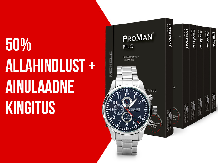 Natural Pharmaceuticals ProMan® Plus ProMan® Plus toidulisandite komplekt mustas pakendis, mis toetab meeste organismi loomulikke funktsioone. Esimesel plaanil on hõbedane Walker & Scott meeste käekell kingituseks. Vasakul punasel taustal valge tekst: „50% allahindlust + ainulaadne kingitus”.