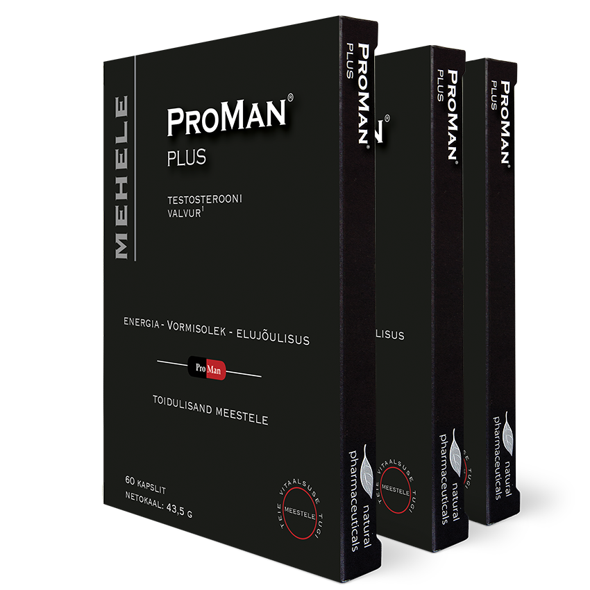 Natural Pharmaceuticals ProMan® Plus Kolm musta pakendit meestele mõeldud toidulisandiga „ProMan® Plus”. Pakenditel on järgmised märked: „Testosterooni valvur”, „Energia – Vormisolek – Elujõulisus”, „Toidulisand meestele”. Igas pakendis on 60 kapslit.