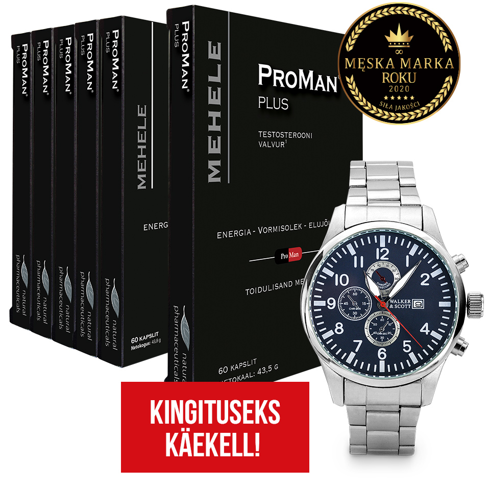 Natural Pharmaceuticals ProMan® Plus Toidulisandite komplekt „ProMan® Plus” meestele (60 kapslit pakendis), mis toetab testosteroonitaset, energiat ja elujõudu. Kõrval on näha hõbedane meeste käekell „Walker & Scott” kingitusena. Paremas ülemises nurgas on märge „Aasta Meeste Bränd 2020”. All on kiri: „Kingituseks käekell!”.