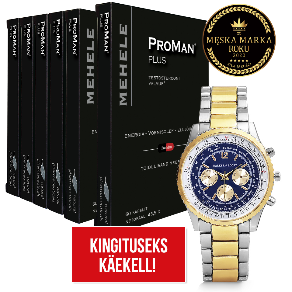 Natural Pharmaceuticals ProMan® Plus Toidulisandite komplekt „ProMan® Plus” meestele (60 kapslit pakendis), mis toetab testosteroonitaset, energiat ja elujõudu. Kõrval on näha hõbedane meeste käekell „Walker & Scott” kingitusena. Paremas ülemises nurgas on märge „Aasta Meeste Bränd 2020”. All on kiri: „Kingituseks käekell!”.